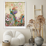 Peacock blackout window blind with two watercolour peacocks above blush pink hibiscus and roses on a warm cream ground - Lolli & Omi